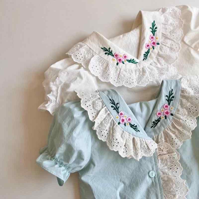 乐天商城 - 女の子 トップス 短袖 シャツ 刺繍 レース 花柄 泡泡袖 綿 素材 かわいい デザイン 方領 柔らかい 田園 スタイル 花 モチーフ 夏 白色 浅緑 80cm 90cm 100cm 110cm 120cm 73cm 1-3歳 キッズ 女童 純綿 韓版