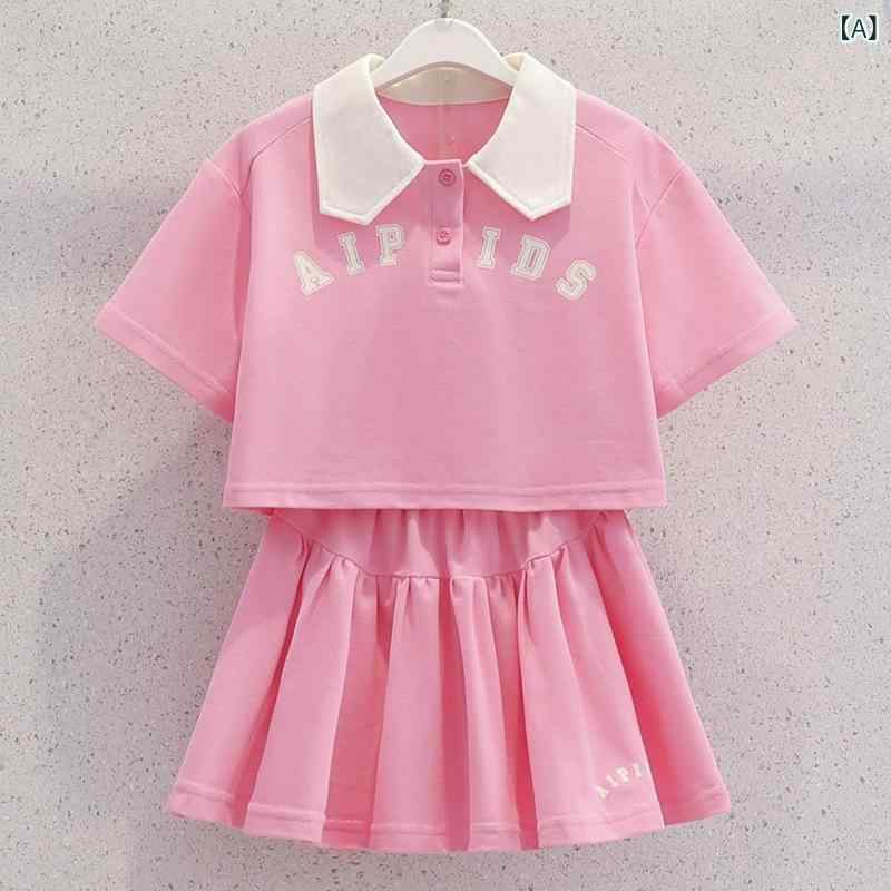Other - 女の子 夏服 短袖 セットアップ スカート ポロシャツ 学院風 短スカート 休闲 運動 薄手 字母 プリント ピンク 杏 綿混 ポリエステル 軽量 通気性 かわいい 日常使い