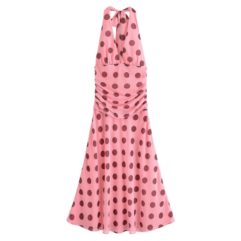 乐天商城 - ワンピース レディース 夏 春夏 Vネック 露背 ハングネック ノースリーブ Aライン ロングスカート ポルカドット 柄 ポリエステル 素材 免燻加工 ミドルウエスト ファッション 要素 日韓 スタイル 快適 休闲 セットアップ なし クロスボーダー 涼