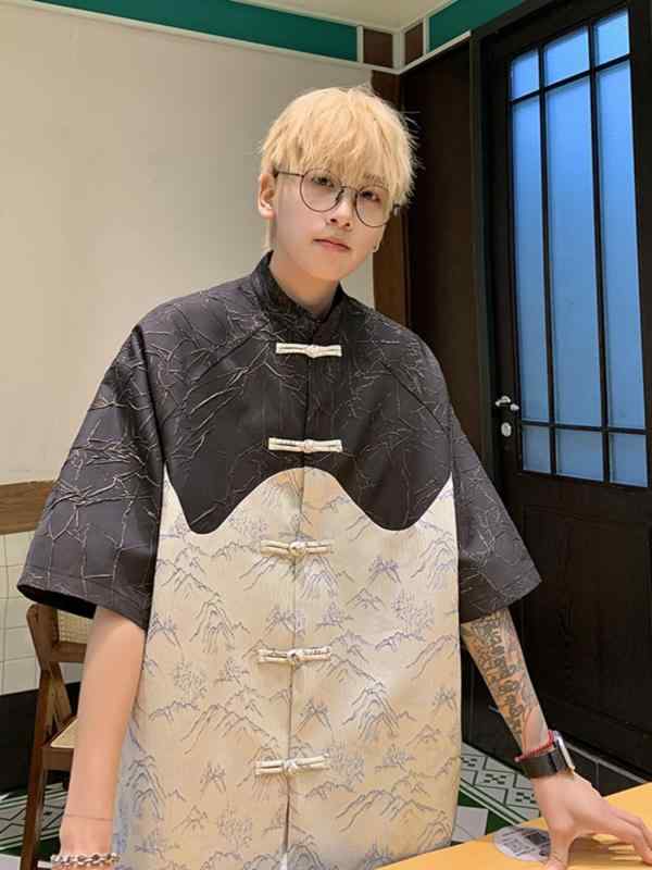 メンズ シャツ 短袖 切り替え デザイン 盤ボタン 中山風 唐装風 半袖 トップス 韓流 スタイル ゆったり デザイン スタンドカラー 無地 普通 厚み ポリエステル 繊維 防シワ 機能 ブルー 杏色 夏 シーズン 休闲 シーン 青少年 向け