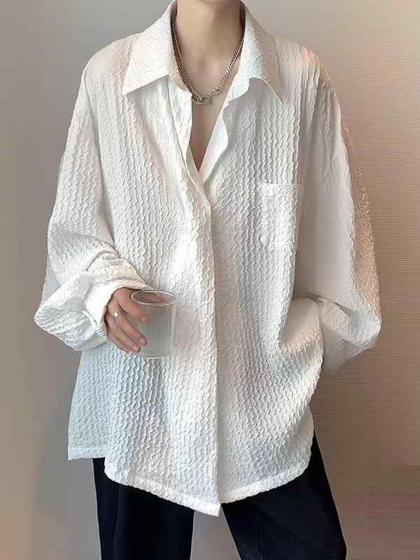 Short Sleeves （Shape Holding） - メンズ シャツ 長袖 薄手 格子柄 切り替え デザイン ポリエステル ストレッチ 素材 ゆったり シルエット スタンドカラー 開襟 タイプ 青春 流行 スタイル 軽熟風 トレンド 感 白 色 春夏 秋冬 春秋 季節 対応 休闲 カジュアル シーン 青少年