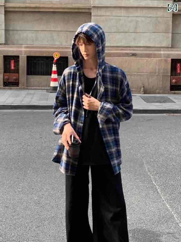 Other - メンズ 長袖 シャツ 連帽 開衫 コットン ライク ポリエステル 繊維 ブルー 春秋 シーズン 復古 風 街頭 スタイル 潮 ブランド ワイド ルーズ フィット カジュアル 上着 コート 日常 着 用 ハンガリー 風 プリント 柄 ミックス カラー コン