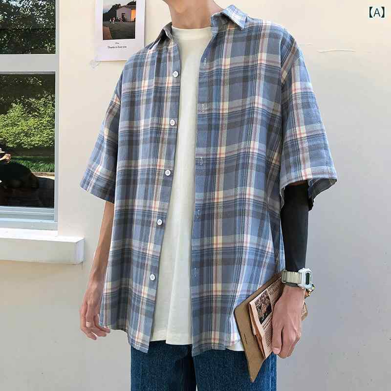 Other - メンズ シャツ トップス 半袖 夏 春夏 綿混紡 格子柄 チェック柄 ピッチ柄 方領 開襟 切り替え ピンク ブルー 韓国風 潮流 学生 青少年 ゆったり ワイド シルエット 軽量 快適 吸湿 速乾 免燻 抗シワ 処理 休闲 カジュアル 日常 通勤 普段