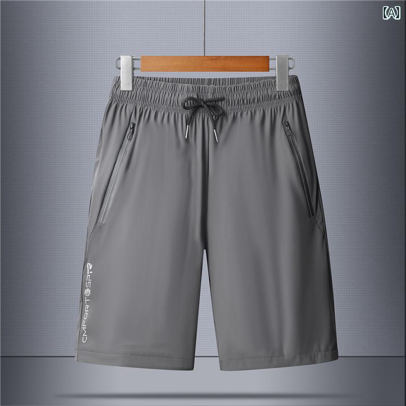 Pants - メンズ 短パン 大きいサイズ 夏季 透気 軽薄 接触冷感 5分丈 青年 屋外 休闲 弾力 高弾 薄手 低腰 直筒 ポリエステル ナイロン グレー 黒 青 耐磨