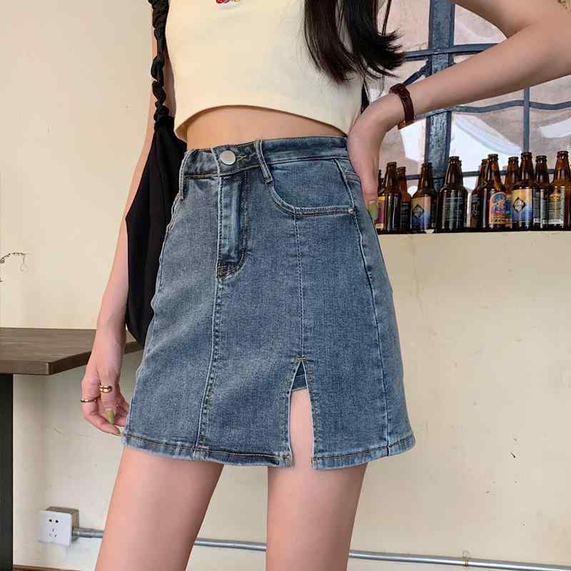 スカート 女性用 Aライン ハイウエスト 牛仔 半身 短丈 開き 防走光 包み込み 夏用 気質 通勤風 軽量 微弾力 綿混 ポリエステル ポケッ..
