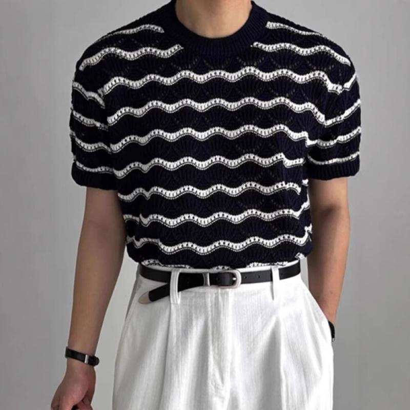メンズ Tシャツ トップス 条紋 柄 短袖 編み 衫 シャツ ゆる フィット ルーズ スタイル 韓国 風 デザイン 百 搭 コットン ライク ポリエステル 素材 白色 黒 色 夏 春 シーズン 適合 青少年 成人 向け 休闲 日常 使い シーン