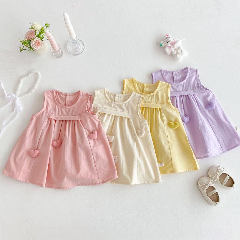 Dresses - 女の子 ワンピース 背心スカート ハート柄 綿素材 無袖 灯笼スカート かわいい 格子柄 香芋紫 ミルク色 ピンク 黄色 夏 3-8歳 73-120cm 日常使い 軽やか 通気性 ベビー 子供服 女児 トップス ドレス ハート コットン ノースリーブ フ