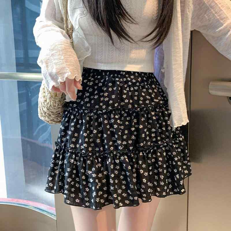 乐天商城 - 半身スカート レディース 花柄 ビクトリアン かわいい 蛋糕スカート 2026 春夏 高腰 ミニ 黒 白 ポンパドール 短め プリーツ ポリエステル スパンデックス マイクロストレッチ 日常 韓流 カジュアル 快適 ミディアム丈