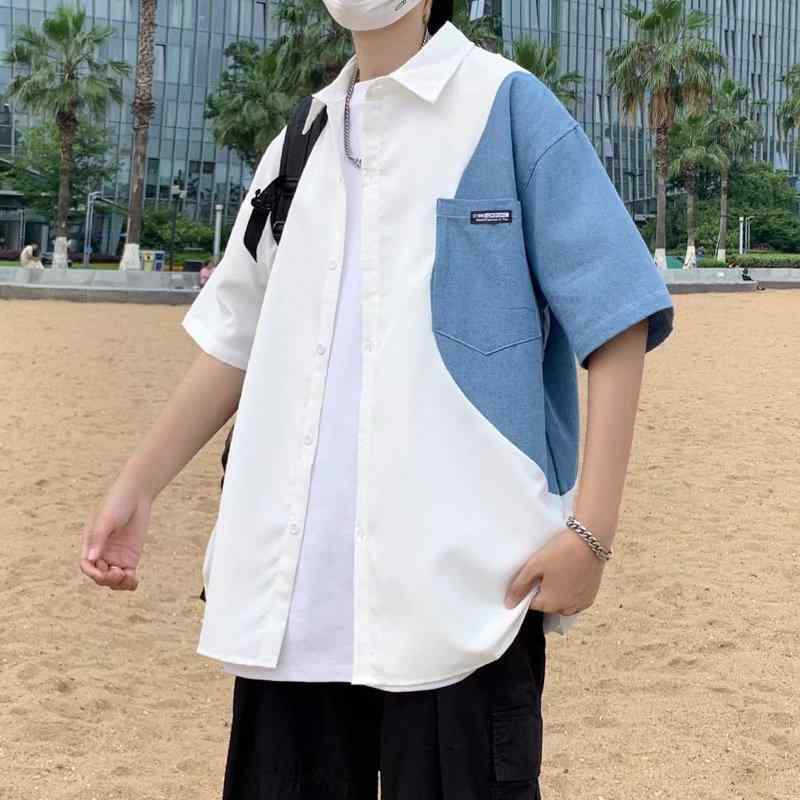其它 - メンズ シャツ トップス 短袖 切り替え デザイン コットン 素材 50% 白色 黒 ポケット 付き 翻領 デザイン 五分袖 ワイドフィット 韓国風 スタイル 夏 シーズン 青春 流行 休闲 外出 適応 機洗 可能 免烫 処理 普通 厚み