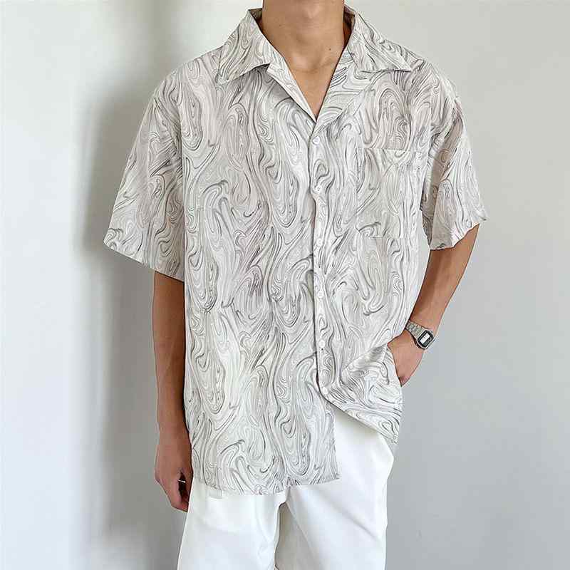 Long-Sleeve （Shape Holding） - メンズ シャツ トップス 短袖 半袖 波浪柄 切り替え柄 ピグメント染め ヴィンテージ風 化粧繊維 ポリエステル 混紡 薄手 軽量 ゆったり ルーズ フィット 韓国風 カジュアル 休日用 日常使い グレー 杏色 夏 春夏 青少年向け 18-24歳 印花
