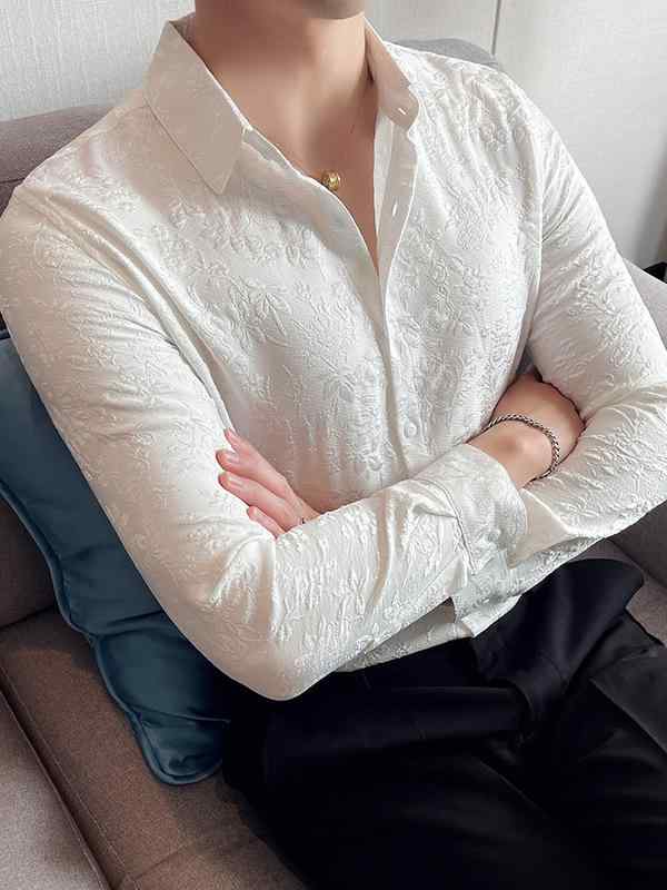 Other - メンズ シャツ トップス 長袖 修身 痞帅 提花 開襟 フラワー柄 切り替え 薄手 ポリエステル 混紡 色牢度高 春 春夏 白 黒 緑 休闲 ファッション 都市スタイル 青年向け 韓国風 化繊 30支