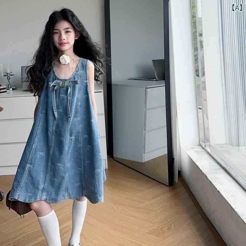 Dresses - 女の子 ワンピース 無袖 背心スカート 夏 牛仔 スカート 蝶結び プリンセススカート かわいい 卡通柄 柔らかい 醋酸繊維 80% ブルー 韓国風 中大童 8歳以上 120-170cm