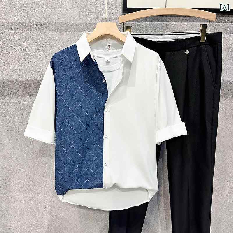 Other - メンズ シャツ トップス 切り替え 半袖 開襟 ワイド 薄手 夏 ポリエステル 混紡 コットンライク 速乾 アイロン不要 日常 休日 カジュアル 青少年 20代 30代 白 黒