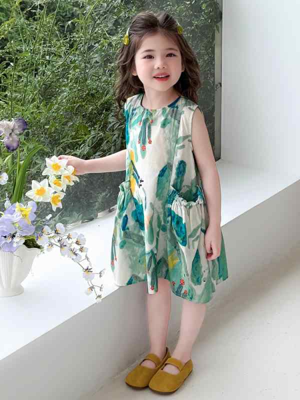 Dresses - 女の子 ワンピース 夏 プリンセスドレス 背心スカート 子供服 女児 吊り帯 スカート A字 無袖 涼しい 涼感 柔らかい ポリエステル 綿混 かわいい 韓国風 潮っぽい 女の子服 夏服 3-8歳 90-140cm 通気性 軽量 プリンセス風 女児ドレス
