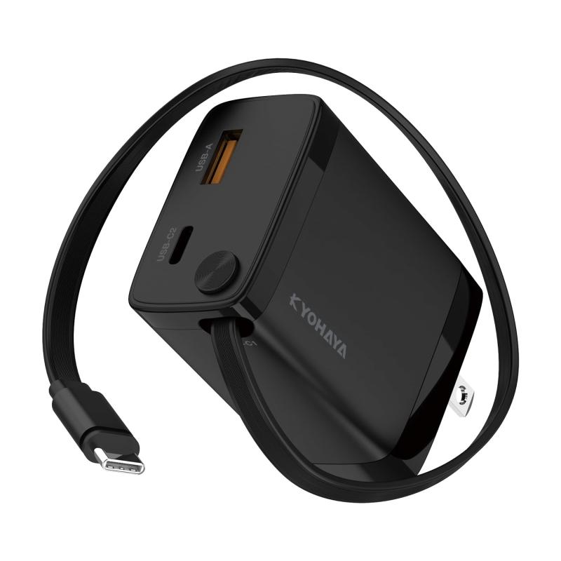 KYOHAYA USB-C 巻取りケーブル内蔵 急速充電器 タイプC 急速 PD対応 QC対応 30W 急速充電 ACアダプタ USB-C USB-A 3ポート GaN 窒化ガリウム採用 極小タイプ Power Delivery ノートPC MacBoo