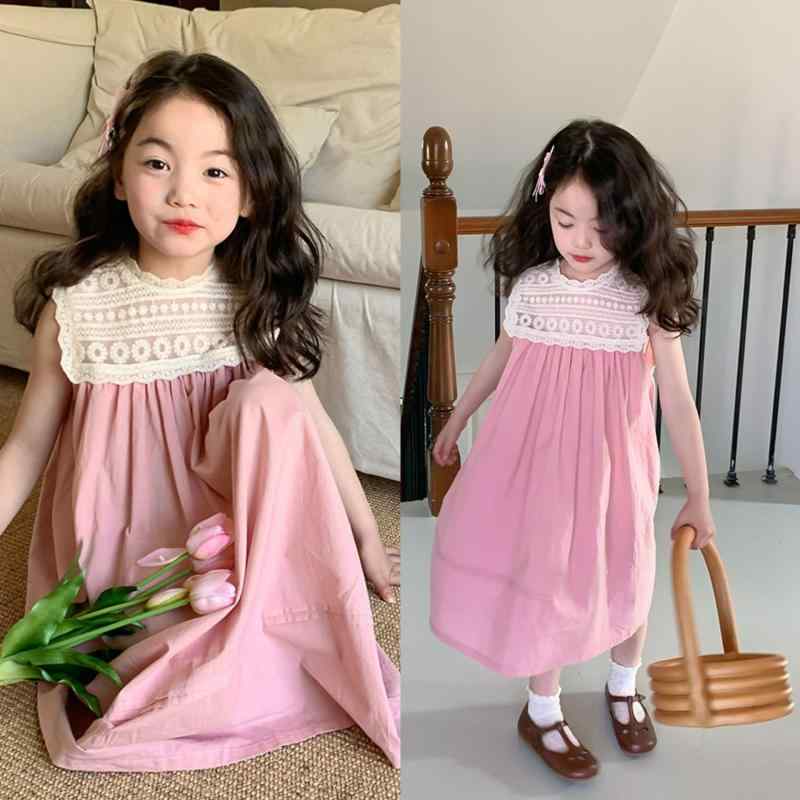 女の子 ワンピース ドレス スカート 夏 プリンセス 無袖 吊り下げ 背心 綿 素材 ピンク かわいい 蕾丝 刺繍 花柄 純色 柔らかい 韓風 女児 中小 3-8歳 100-140cm 身長対応 通気性 軽量 日常遊び用 女の子服