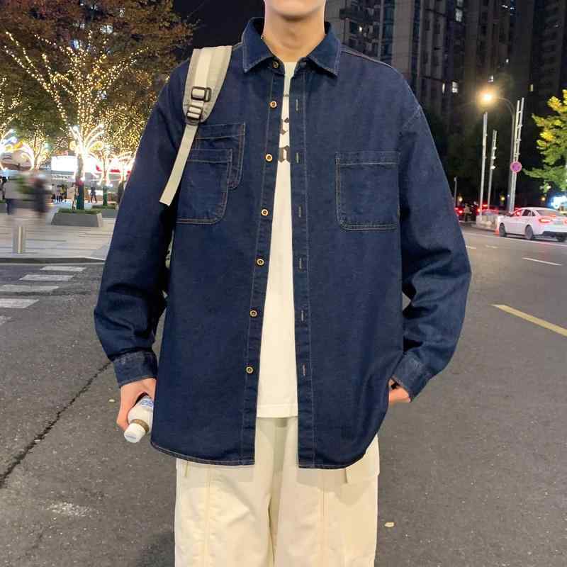 メンズ シャツ トップス 長袖 デニム 綿 素材 切り替え デザイン スタンドカラー ルーズフィット ゆったり シルエット 日系 スタイル ファッション カジュアル 普段使い 都市 青年 向け 深 藍 色 浅 藍 色 春夏 秋冬 対応 免燻 加工 印花