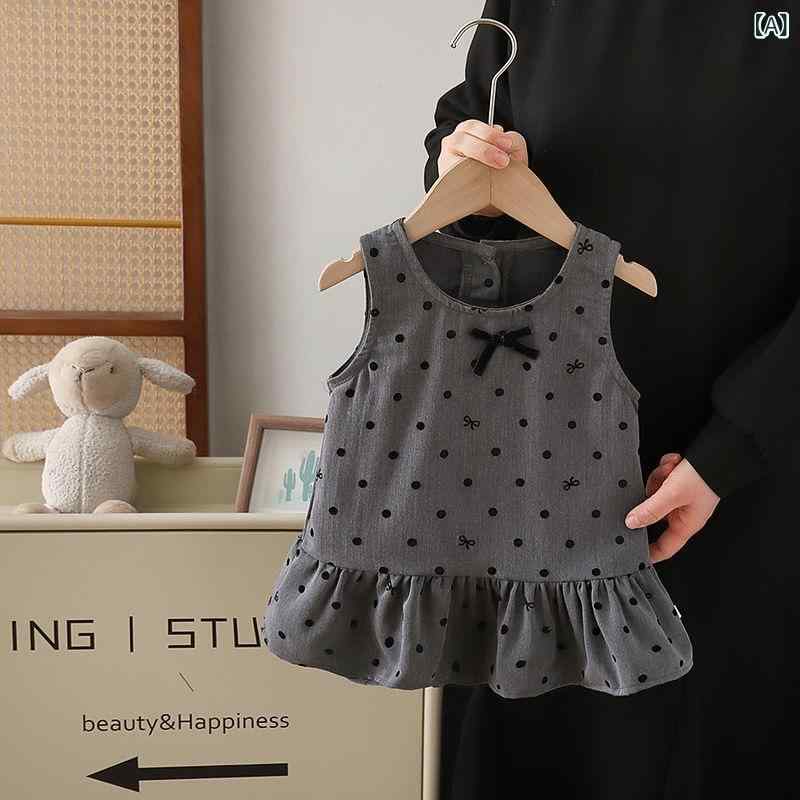 女の子 ワンピース 夏 コットン 無袖 Aライン スカート 丸点柄 蝶結び 背心 タイプ 柔らかい 素材 かわいい プリンセス スタイル 個性的 韓風 潮 グレー 子供服 3-8歳 女児 夏服 通気性 軽量 普段使い