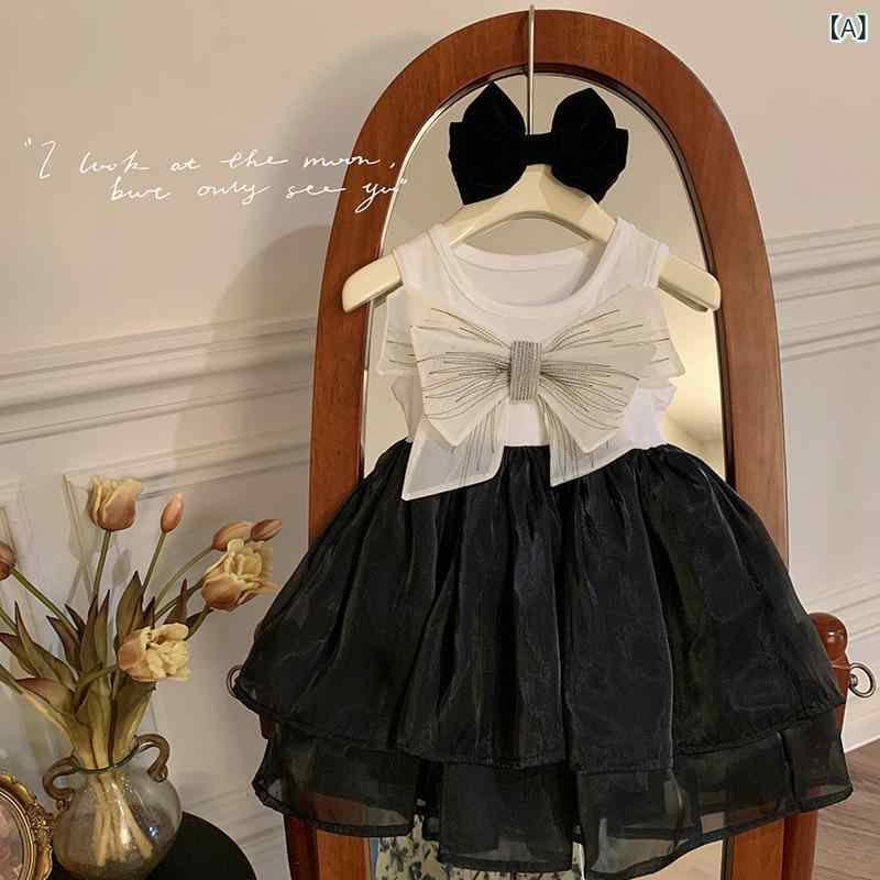女の子 ワンピース 黒 夏 プリンセス 蝶結び Aライン スカート 短袖 綿 かわいい 薄手 柔らかい 3-8歳 100-140cm 通気性 軽量 普段使い 女の子服 キッズドレス 夏服 礼服 純色 無地 ソフト素材 日常着 ガーリー 姫スタイル