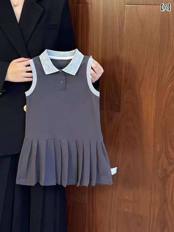 女の子 ワンピース 夏 無袖 百褶スカート ポロ風 綿素材 柔らかい 運動風 学院風 韓系 かわいい 潮范 純色 灰 3-8歳 中小童 80-140cm