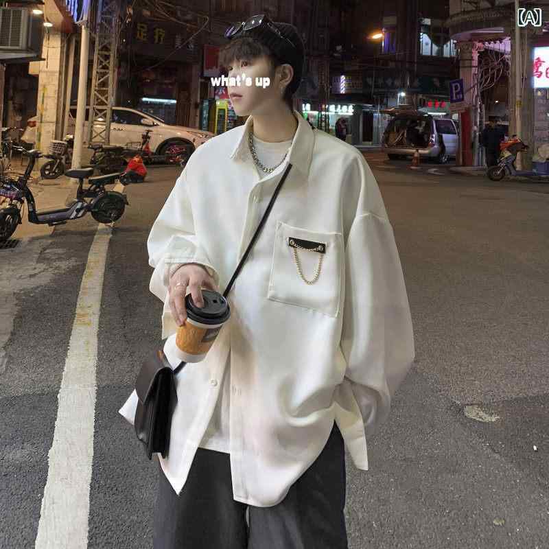 乐天商城 - メンズ シャツ 長袖 トップス 夏 接触冷感 涼しい 仙女風 痞帅 ゆったり 韓流 トレンド インス 港風 アイスシルク インナー 開襟 方領 純色 切り替え デザイン ポリエステル 混紡 生地 普通厚 青少年 向け 成人 男性用 休闲 シーン 白色 黒