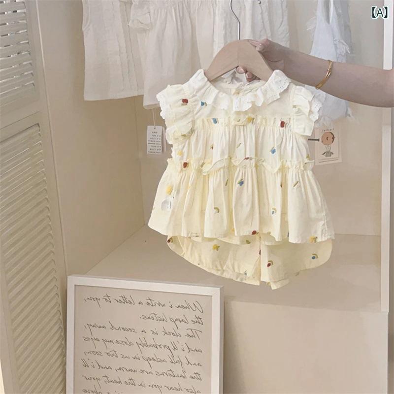 女の子 セットアップ トップス ショートパンツ 綿 柔らかい 薄手 短袖 花柄 花びら 花 かわいい 花辺 米白 ベージュ ネイビー イエロー 春 秋 3-8歳 80-130cm 日常着 キッズ ガールズ プリンセス かわいいスタイル 人気デザイン ソフ