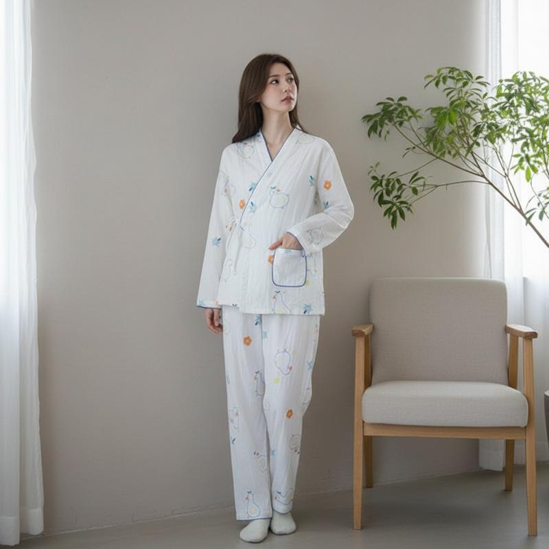 パジャマ レディース セットアップ 綿 ガーゼ 2重ガーゼ 和服 浴衣 産後 授乳服 マタニティウェア 前開き ウエスト調整 部屋着 ルームウェア 春夏秋冬 オールシーズン 薄手 通気性 吸汗 速乾 肌に優しい 二重ガーゼ 長袖 柔らかい パジャマセット