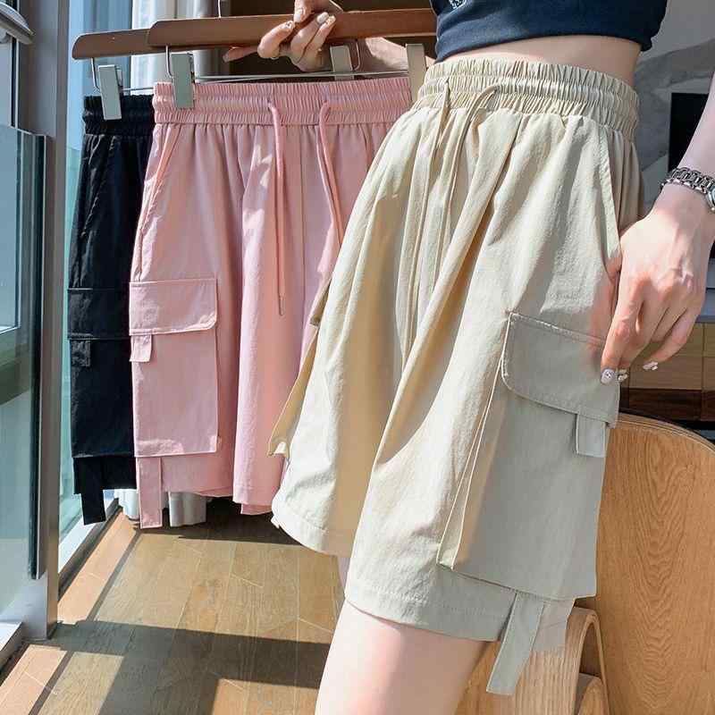 Long-Trousers, Trousers - 女の子 短パン 薄手 夏用 春秋用 綿風 ポリエステル 純色 韓国風 ゆったり 作業風 中腰 ゴム腰 運動 トレンド 黒 杏 ピンク 120cm 130cm 140cm 150cm 160cm 170cm 柔らか シワ加工 ノンアイロン
