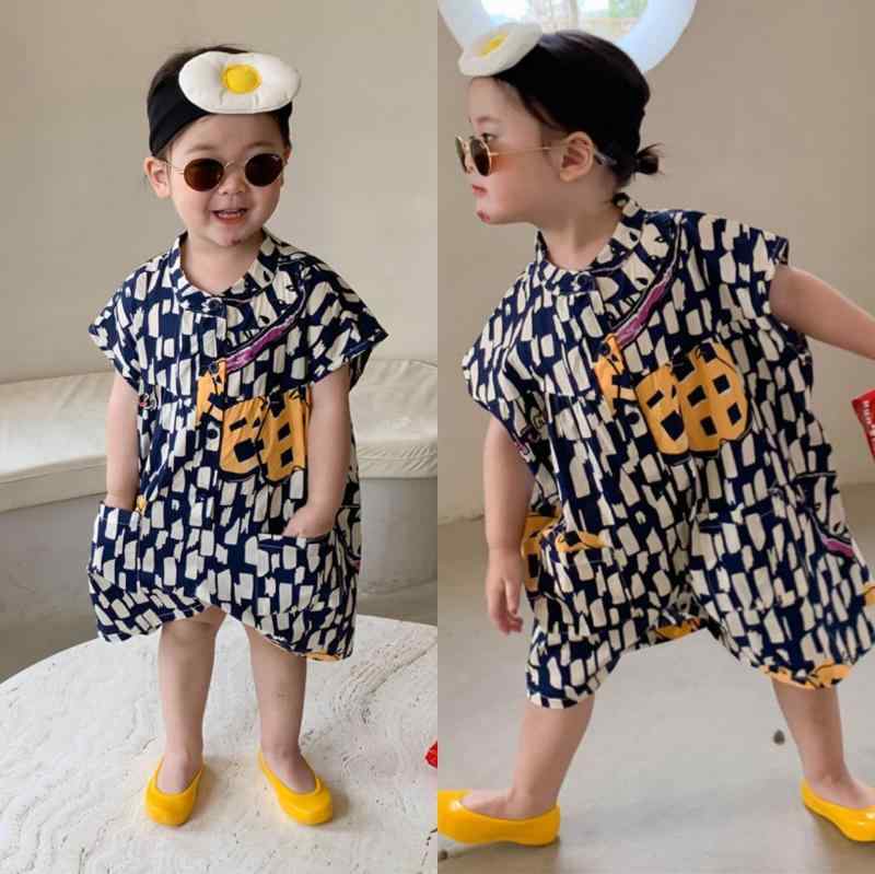 Long-Trousers, Trousers - 女の子 連体裤 夏 子供 ワンピース 短パン 3-8歳 キッズ 服 綿 素材 柔軟 加工 かわいい 印花 柄 高腰 デザイン 韓風 スタイル 通気性 軽量 普段使い 遊び着