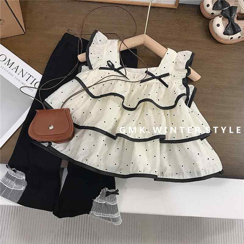 女の子 服 セットアップ 夏 かわいい トップス ノースリーブ フレアスリーブ ポルカドット柄 フレアパンツ 九分丈 コットン 柔らかい 素材 条紋 柄 子供 3-8歳 90-140cm 対応 カジュアル スタイル 日常使い 遊び着
