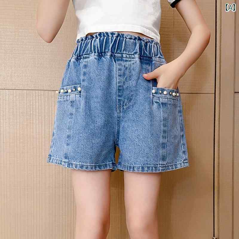 乐天商城 - 女の子 牛仔 ショーツ 夏 薄手 韓国風 ファッション 熱パンツ デニム 短パン 涼しい 伸縮性 柔らかい 素材 ポリエステル 混 ブルー 潮風 スタイル ミッドライズ ゴム ウエスト 子供 夏服 ビッグ サイズ 対応 120cm 130cm 140cm