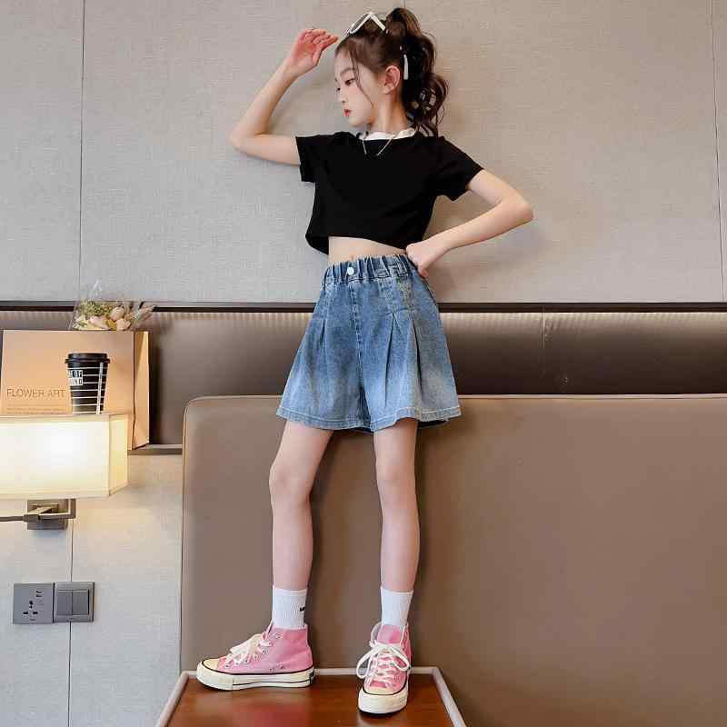 Long-Trousers, Trousers - 女の子 ショートパンツ 牛仔 スカートパンツ 高腰 夏服 綿素材 柔軟 処理 純色 ブルー 休闲 スタイル 運動 要素 中腰 皮筋 腰帯 安全 B クラス 8 歳以上 140cm 以上 夏 シーズン 通勤 普段使い 軽量 伸縮性 ビッグ シルエット かわ