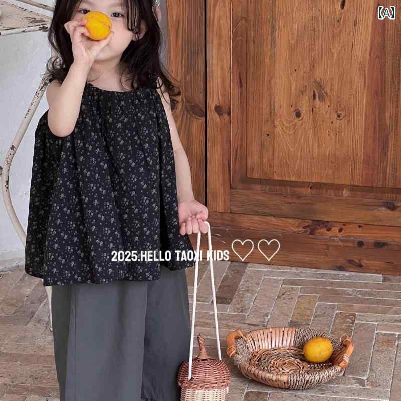 女の子 夏服 セット 無袖 ワンピース風トップス 灰 綿 素材 直筒パンツ 2点組 花柄 薄手 柔らかい かわいい 日常使い 公園遊び 3-8歳向け 100-140cm 対応 涼しい シンプル デザイン