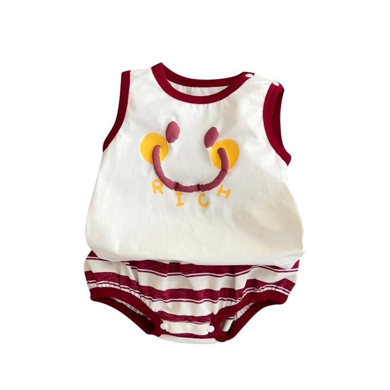 男の子 ベビー 服 2点セット 夏 無袖 トップス 短パン 笑顔 柄 薄手 綿混紡 柔らかい 素材 赤 カジュアル 日常着 赤ちゃん 幼児 サイズ73-100cm 通気性 快適 コーディネート