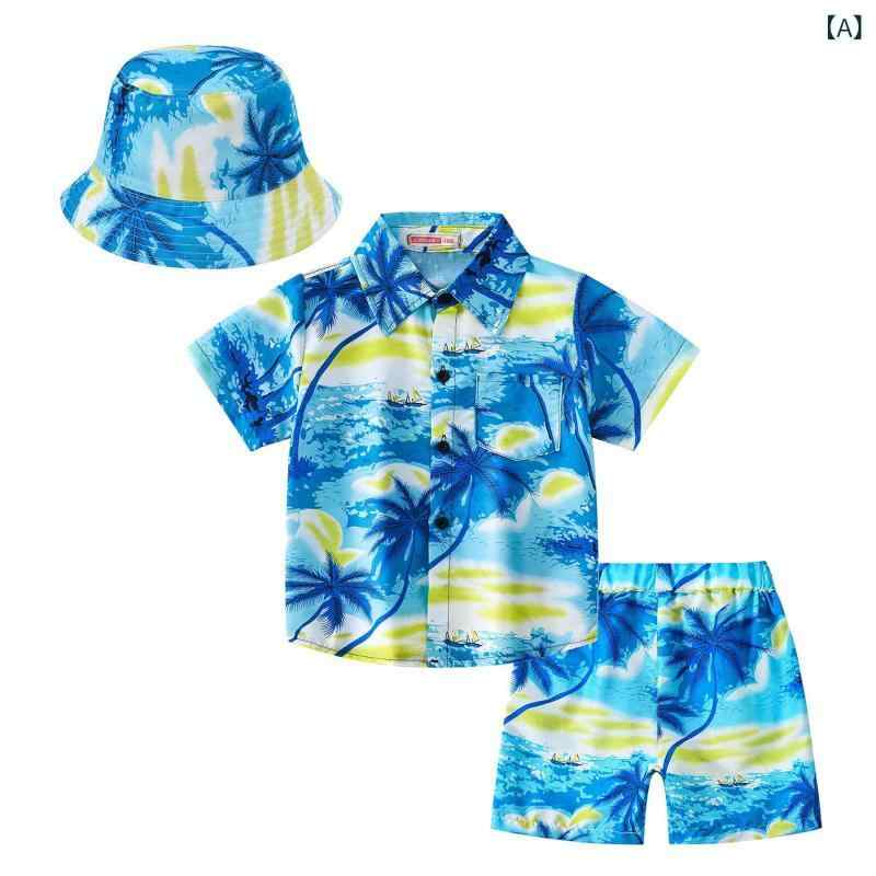 キッズ 服 短袖 セット 男の子 女の子 夏 薄手 化繊混紡 ポリエステル100 印花 迷彩柄 椰子柄 樹木柄 菠蘿柄 レモン柄 恐竜柄 ビーチ風 韓流スタイル 柔軟素材 短パン 組み合わせ かわいい プリント 柄物 涼しい 遊び着 休日着 100cm