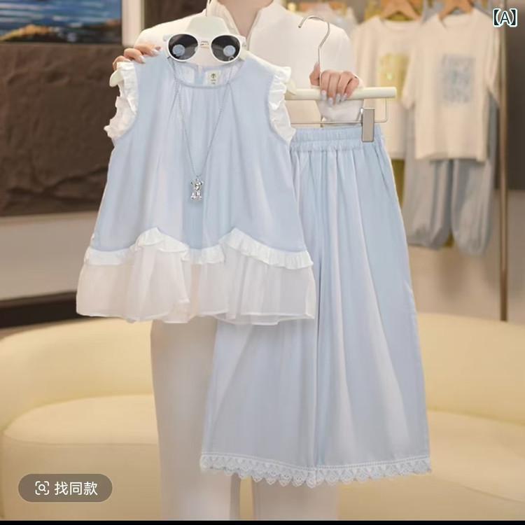 女児 トップス ショートパンツ セット 夏服 子供服 女の子 8歳以上 韓国風 無袖 九分丈 薄手 綿素材 柔らかい レース 装飾 純色 ブルー かわいい 日常使い 軽量 吸汗速乾 ビッグシルエット アクティブスタイル