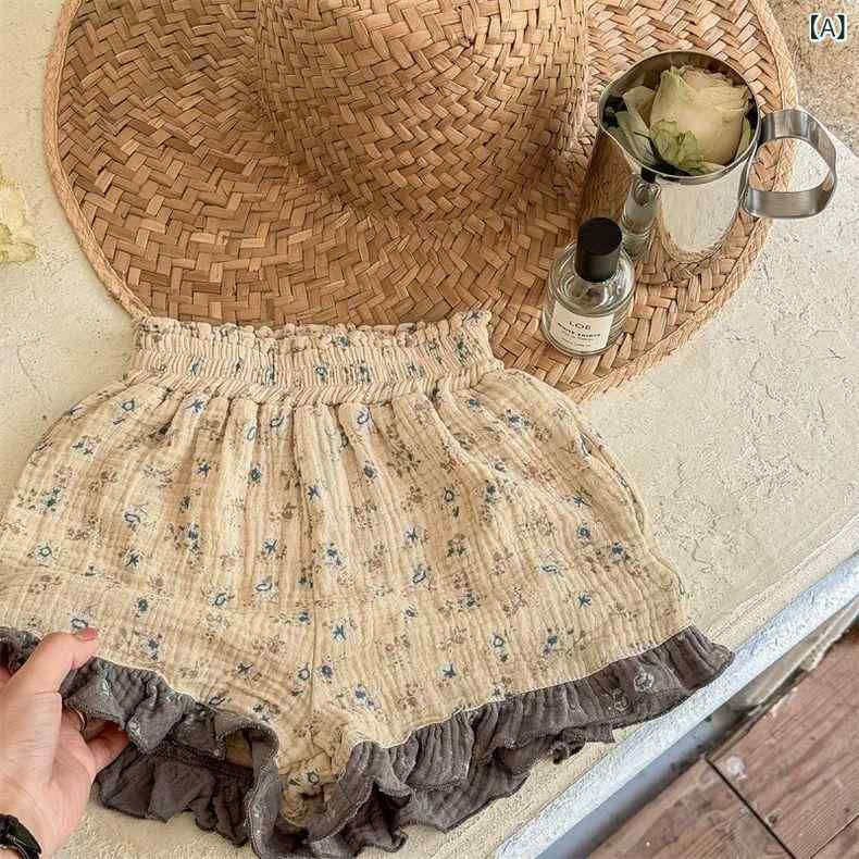 女の子 ショートパンツ 夏 キッズ 子供服 韓国風 花柄 花边 フリル ワイド ゆったり 花苞 綿素材 灯芯绒 黄色 ブルー 基本款 ベビー 0-1歳 80-130cm 春季 冬対応 オールシーズン 普段使い アウトドア かわいい 軽量 伸縮性 通気性 - 2