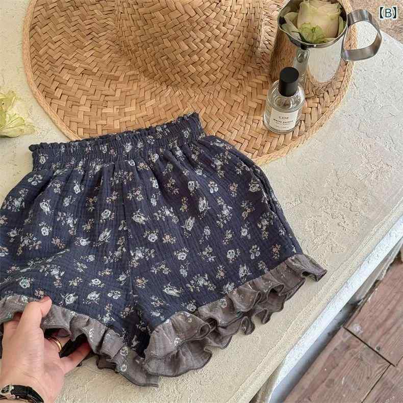 女の子 ショートパンツ 夏 キッズ 子供服 韓国風 花柄 花边 フリル ワイド ゆったり 花苞 綿素材 灯芯绒 黄色 ブルー 基本款 ベビー 0-1歳 80-130cm 春季 冬対応 オールシーズン 普段使い アウトドア かわいい 軽量 伸縮性 通気性 - 3