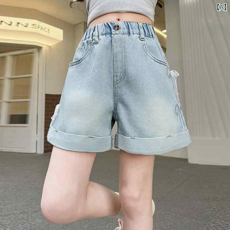 女の子 デニム 短パン 夏 薄手 高腰 コットン 柔軟 ブルー 蝶結び スタッド 韓流 ファッション 子供 普段使い 軽量 伸縮 シンプル コーデ