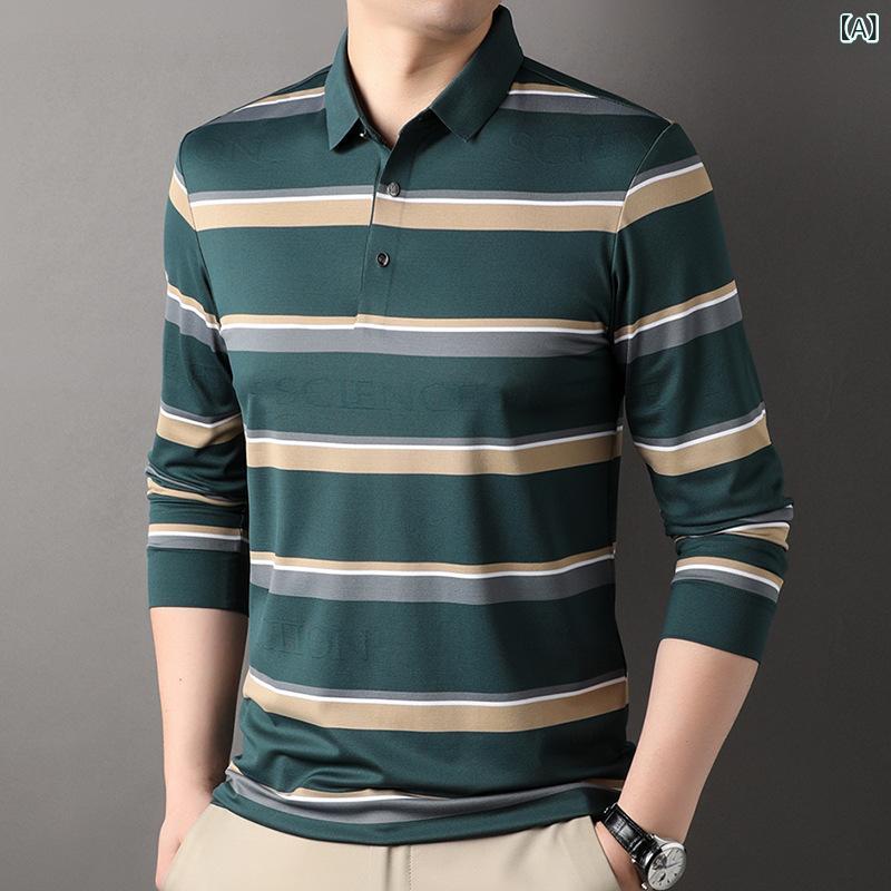 メンズ Tシャツ 長袖 条紋 翻領 桑蚕