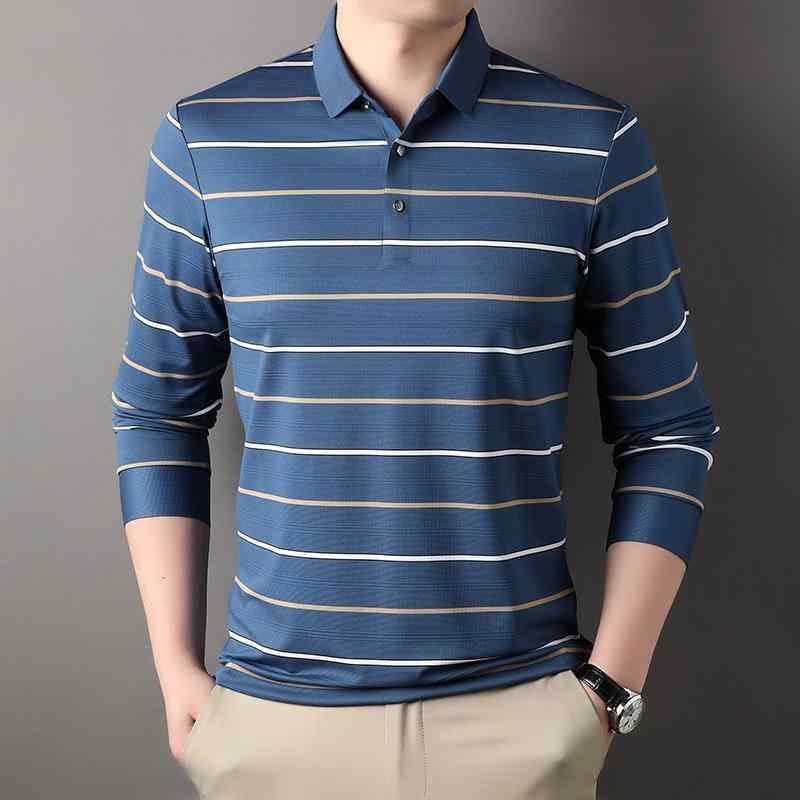 乐天商城 - メンズ Tシャツ 桑蚕丝 長袖 条紋 翻領 韓国風 ゆったり 春秋 緑 赤 青 透気 防皺 吸湿速乾 ビジネス 日常 中年 35歳以上 ロゴ底辺 免烫 環境配慮 成人 男性用 トップス 上衣 紳士 休闲 セットアップなし