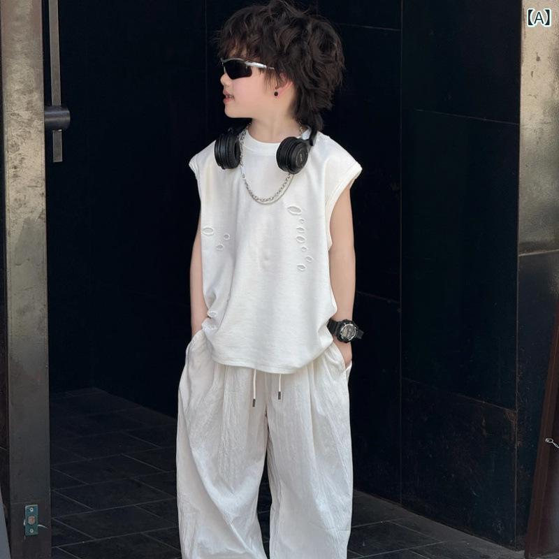 男の子 子供 夏服 セット 無袖 破れ 加工 キャミソール 直筒 軽量 薄手 蚊除け 長ズボン 綿素材 純色 8歳以上 140cm以上 夏用 日常着 動きやすい 涼しい 防虫 機能 トップス ボトムス 2点組
