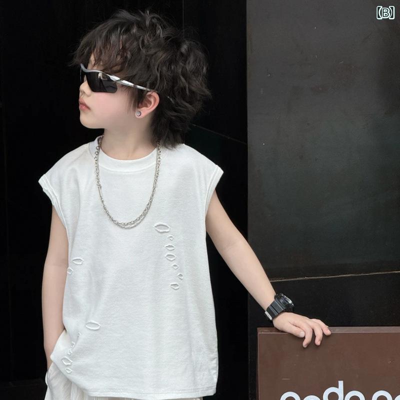 男の子 子供 夏服 セット 無袖 破れ 加工 キャミソール 直筒 軽量 薄手 蚊除け 長ズボン 綿素材 純色 8歳以上 140cm以上 夏用 日常着 動きやすい 涼しい 防虫 機能 トップス ボトムス 2点組 2