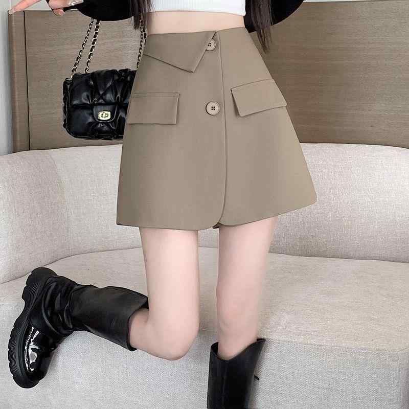 樂天商城 - スカート 女性用 秋冬 ハイウエスト Aライン 開衩 短め 包臀 韓国風 ファッション インポート スタイル かっち色 黒 ミディアムストレッチ PVC素材 ボタン デザイン 純色 不対称 加工 ウェーブ 要素 私服 名媛 御姐風