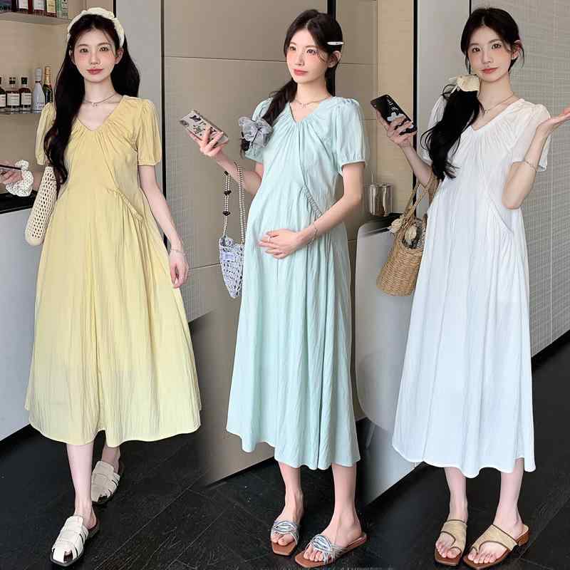 ワンピース マタニティ レディース 夏服 Vネック 泡泡袖 膝丈 半袖 体型カバー Aライン きれいめ おしゃれ 涼しい