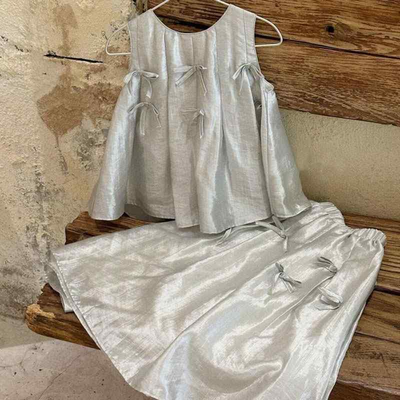 女の子 トップス スカート セット 春夏 軽薄 蝶結び 2点セット コットン混紡 ポリエステル 灰 粉 かわいい 日常使い 柔らかい 涼しい 100-150cm