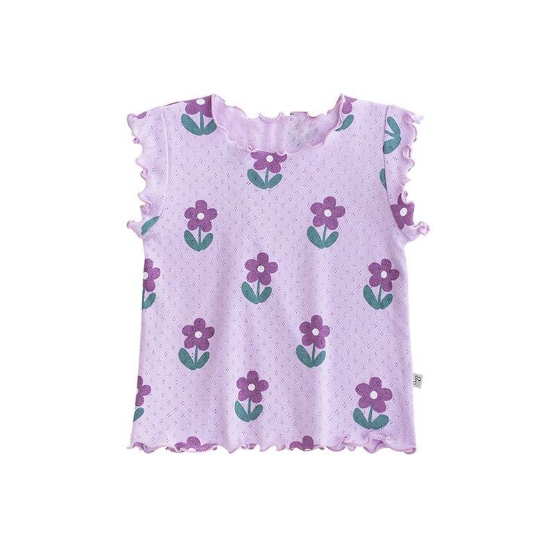 Top & Bottom Sets - 女の子 パジャマ 夏用 軽薄 花柄 短袖 短パン ホームウェア 女児 薄手 透気 涼しい 吸湿排汗 柔らかい ポリエステル 化学繊維 韓風 かわいい カードゥーン 3-8歳 100-140cm