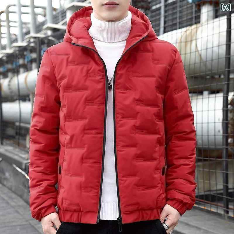 Rakuten - メンズ コート 冬 軽量 綿服 連帽 ジップ 合体型 厚手 純色 ポリエステル 金属装飾 ジップポケット 丸下摆 脱着可能フード 免烫加工 青少年 休闲 カーキ 黒 軍緑 赤