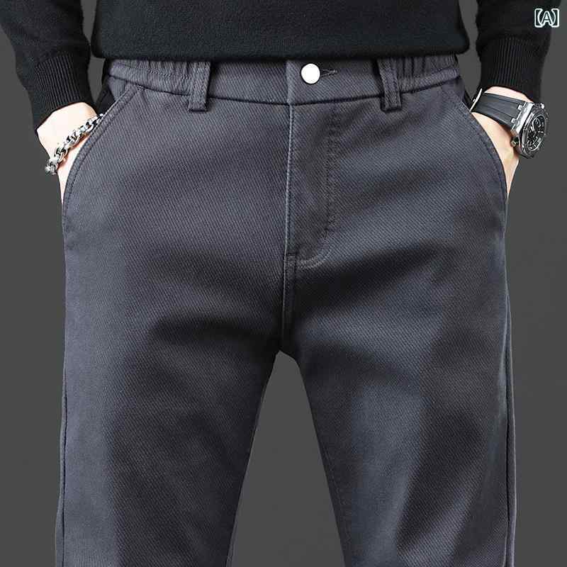 メンズ 秋冬 ロングパンツ 裏起毛 コットン ポリエステル ストレッチ 直筒 ミドルウエスト ドローストリング 厚手 ソリッドカラー グレー 黒 ブラウン ゆったり フィット 耐久 イージーケア 青年 男性用 カジュアル 日常使い アウトドア 暖か 軽量