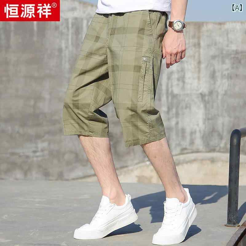 メンズ 七分丈 カーゴパンツ 純綿 100% 直筒 ミドルウエスト 薄手 格子柄 マイクロエラスティック 透気性 吸湿速乾 カラキ ネイビー ミリタリーグリーン 夏 カジュアル 日常使い 多ポケット 機洗い可能 色牢度高